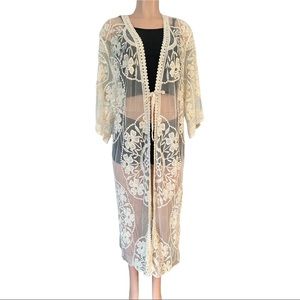 Sheer Cream Lace Pearl Accented Kimono One Size Fits Most